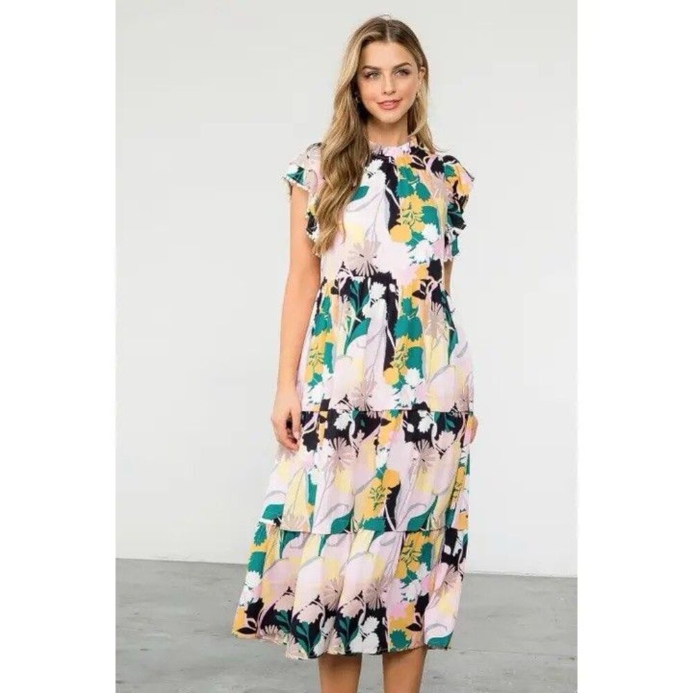 pantsstore Floral Ruffle Maxi Dress Pom Pom Accents Pink Yellow Green Size S